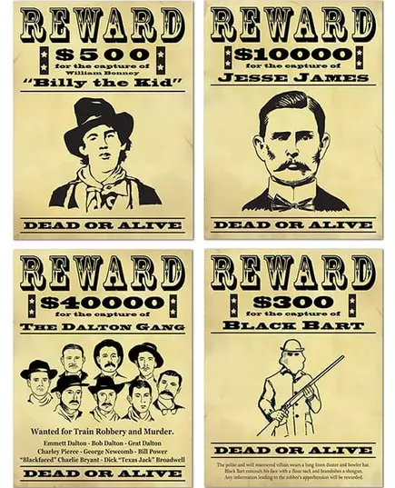 4 Affiches de récompense Bandits américains 48,3 cm