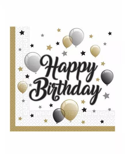 20 Serviettes en papier happy birthday doré noir argent 33 x 33 cm