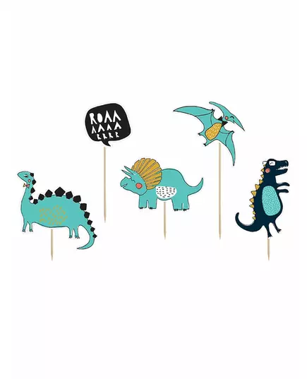 5 Cake toppers en carton dinosaures bleus 10,5 - 20 cm