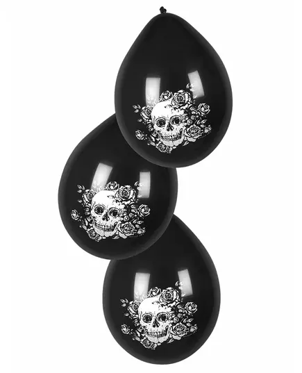 6 Ballons en latex squelette fleuri noir 25 cm