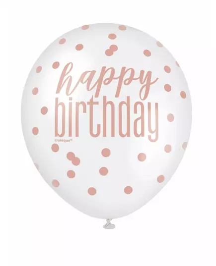 6 gelukkige verjaardag latex ballonnen met witte en roze stippen 30 cm