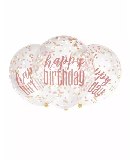 6 Ballons en latex transparents happy birthday à confettis roses 30 cm
