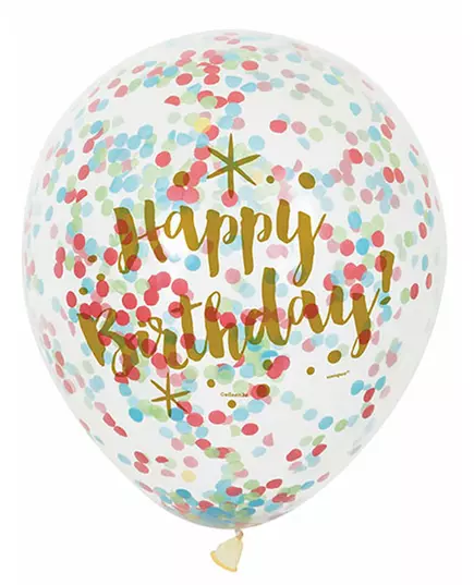 6 Ballons en latex Happy Birthday confettis multicolores 30 cm