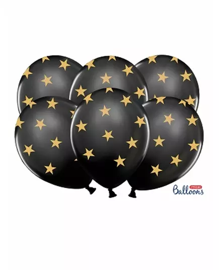 6 Ballons en latex noirs étoiles dorées 30 cm