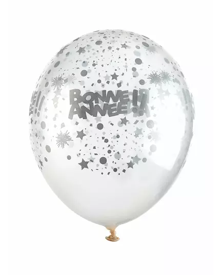 6 Ballons en latex transparents Bonne année argent 30 cm