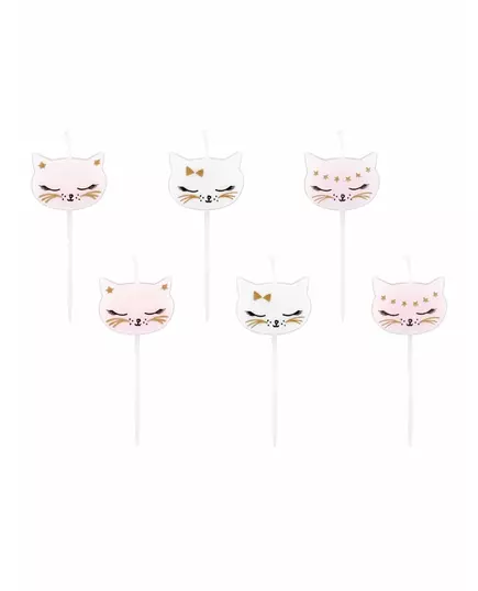 6 witte en roze katten verjaardagskaarsjes