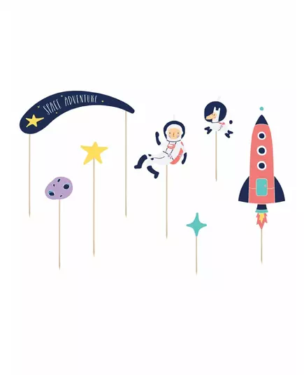 7 Cake toppers en carton space adventure 9,5 - 24,5 cm