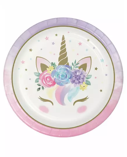 8 Assiettes en carton licorne féerique blanches 23 cm