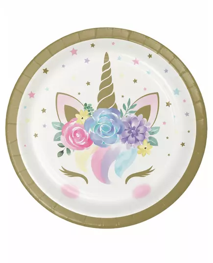 8 Petites assiettes en carton licorne féerique blanches 18 cm