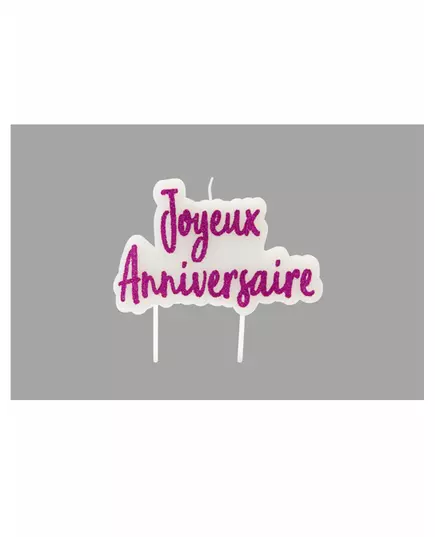 Bougie sur pique joyeux anniversaire fuschia pailletée 8 x 5 cm