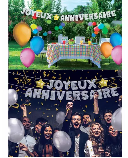 Guirlande ballons Joyeux Anniversaire argentée 6m