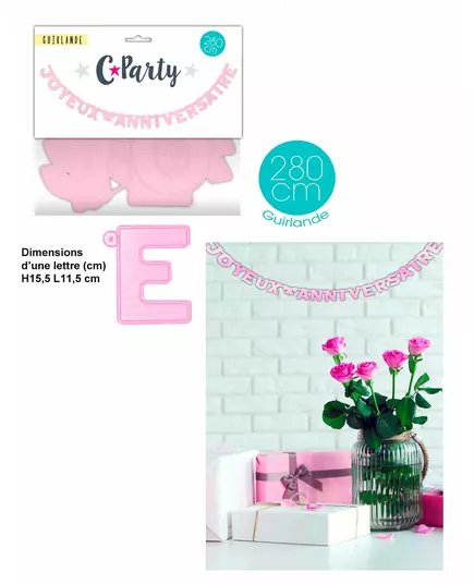 Guirlande Joyeux Anniversaire rose 280 cm
