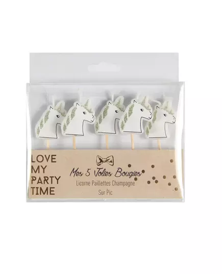 5 Bougies sur pic licorne paillettes champagne 4,5 x 3 cm