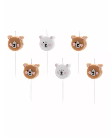 6 Bougies d'anniversaire petits ours bruns et blancs 3 cm