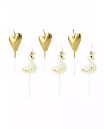 6 Kaarsen op witte en gouden zwanen en harten 3,5 - 4 cm
