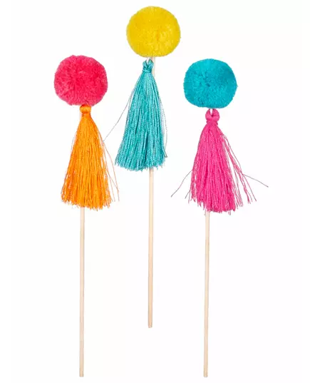 6 Pics en bois pompons colorés 16 cm