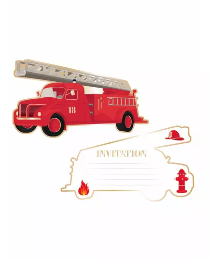 8 Cartes d'invitation camion de pompier 17 x 9,5 cm