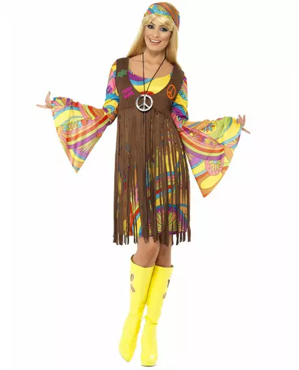 Bruine en psychedelische hippie outfit voor dames, Maat: Small