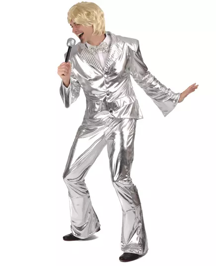 Glanzend zilverkleurig disco kostuum voor mannen, Maat: Medium