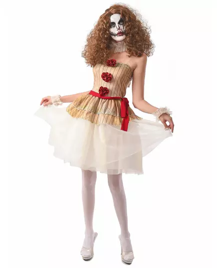 Angstaanjagende clown vermomming beige vrouw, Maat: Large