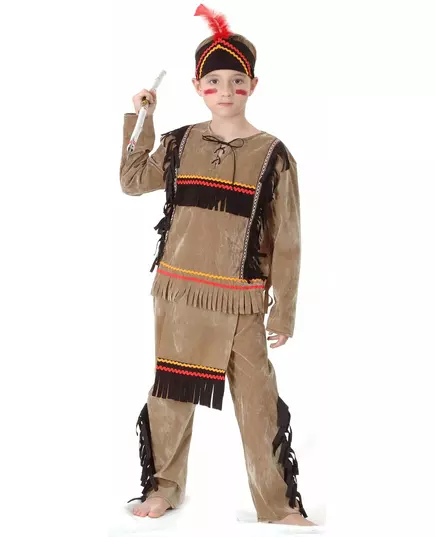 Indianen kostuum met zwarte franjes voor jongens, Maat: 7–9 jaar (120–130 cm)