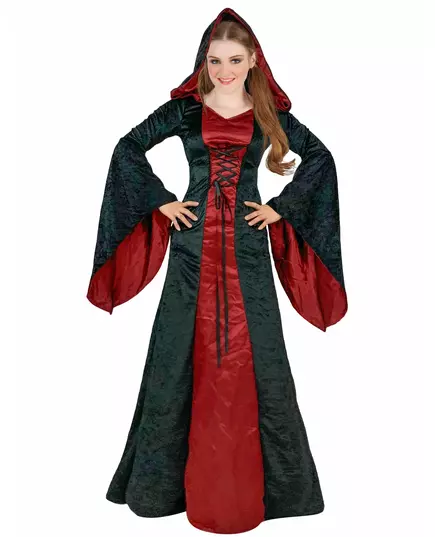 Gothic kostuum met capuchon, rood en zwart, dames, Maat: Large