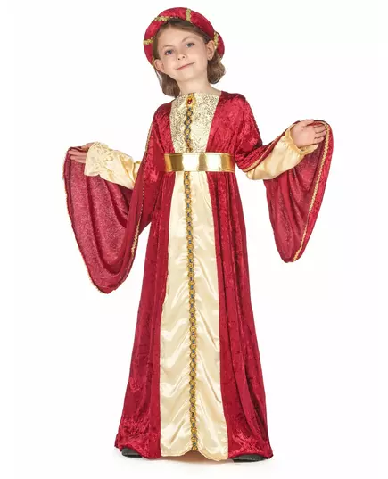 Rood met geel middeleeuwse kostuum voor meisjes, Maat: 4–6 jaar (110–120 cm)