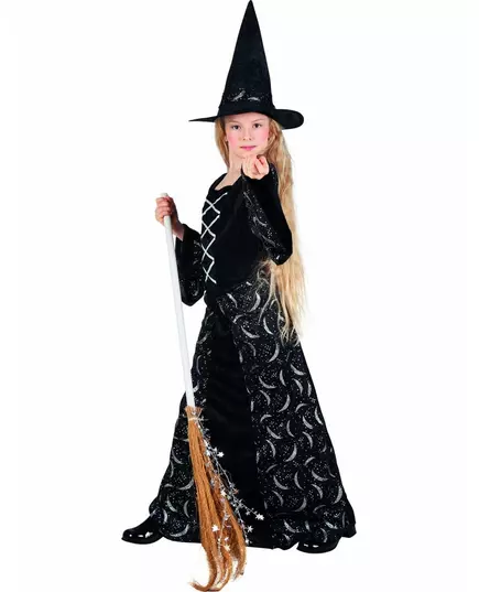 Halloween heks kostuum voor meisjes met halve maan motief, Maat: 4–6 jaar (104–116 cm)