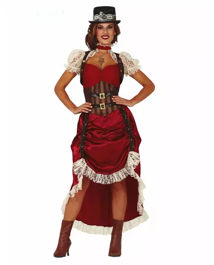 Sexy rood steampunk kostuum voor vrouwen, Maat: Medium (38–40)