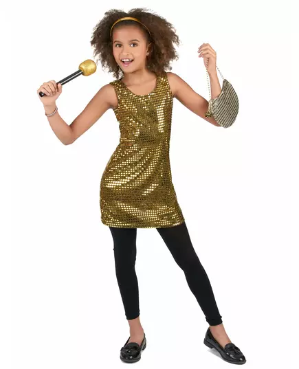 Goudkleurig glitter disco kostuum voor meisjes, Maat: 5–6 jaar (S)