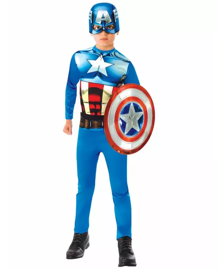 Klassieke Captain America outfit met schild voor jongens, Maat: 5–6 jaar (110 tot 116 cm)