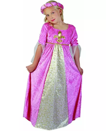 Roze middeleeuwse fleur de lis prinses kostuum voor meisjes, Maat: 4–6 jaar (110–120 cm)