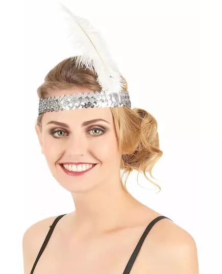 Zilverkleurige Charleston hoofdband met lovertjes en veer