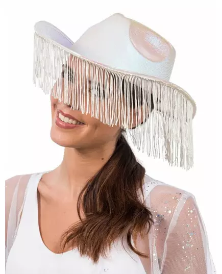 Volwassen witte iriserende cowboyhoed met franje