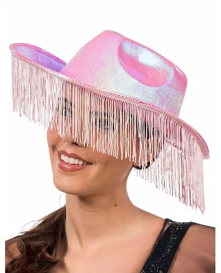 Roze iriserende cowboyhoed met franjes voor volwassenen
