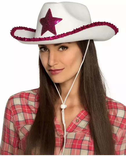 Cowgirlhoed met roze paillettensterren wit