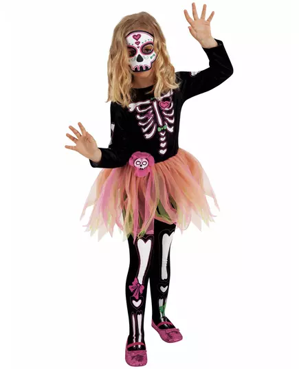 Déguisement Miss Dia de los Muertos avec masque et collants fille, Taille: 5–7 ans