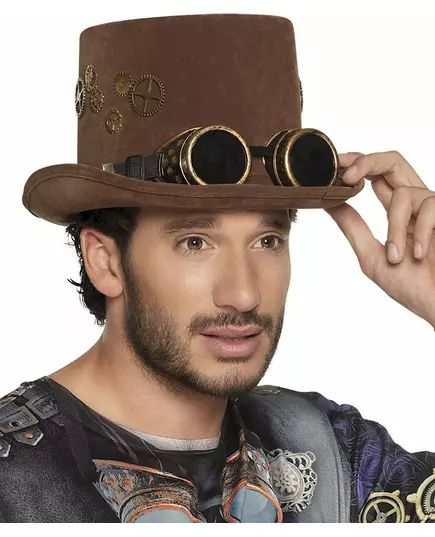 Chapeau haut de forme marron rouages lunettes Steampunk adulte