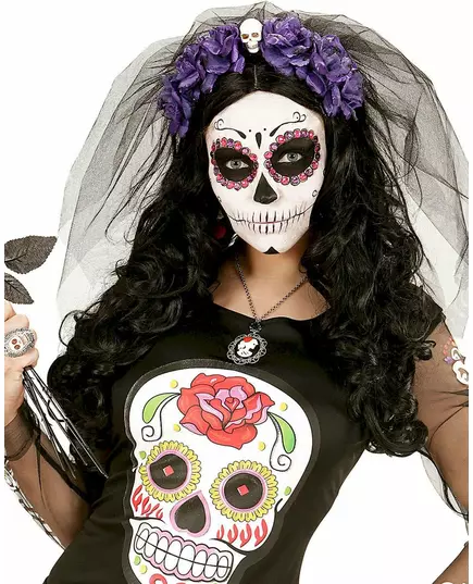 Coiffe fleurs violettes avec tête de mort femme Dia de los muertos
