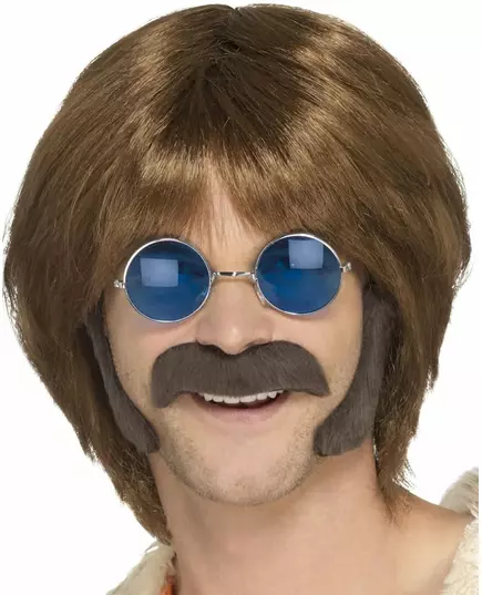 Bruine hippie set met snor en bakkebaarden voor mannen