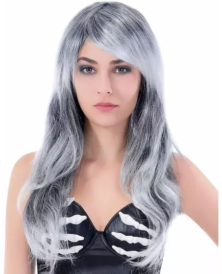 Perruque grise longue ondulée femme