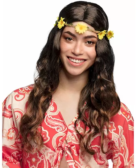 Lange bruine pruik met bloemen hoofdband voor vrouwen