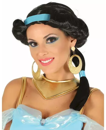 Perruque noire princesse du désert avec bandeau bleu femme