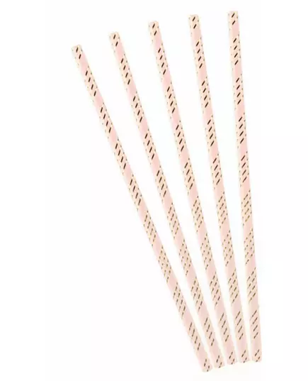 10 Pailles en carton roses rayées doré métallisé 19,5 cm