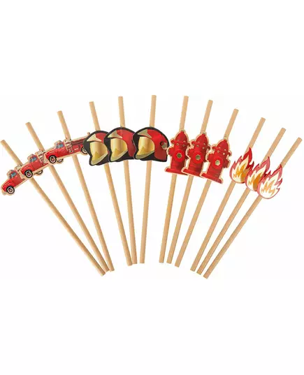 12 Pailles pompier kraft et rouges 19,5 cm
