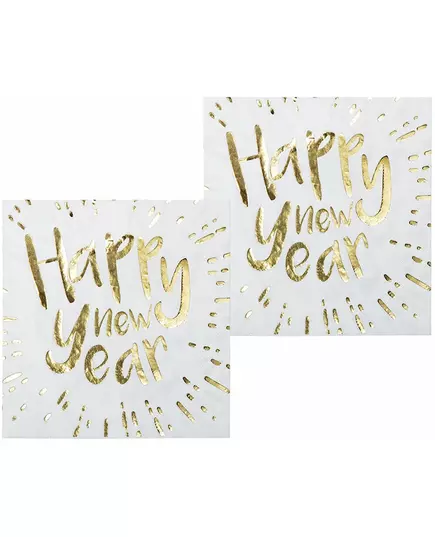 20 Serviettes en papier Happy New Year blanches et dorées 33 x 33 cm