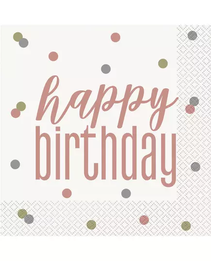 16 Serviettes en papier Happy Birthday blanches et rose gold 33 x 33 cm