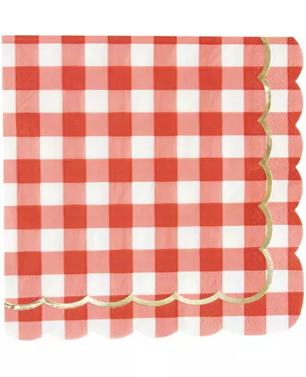 16 serviettes en papier à carreaux vichy et or festonnées, 33 x 33 cm