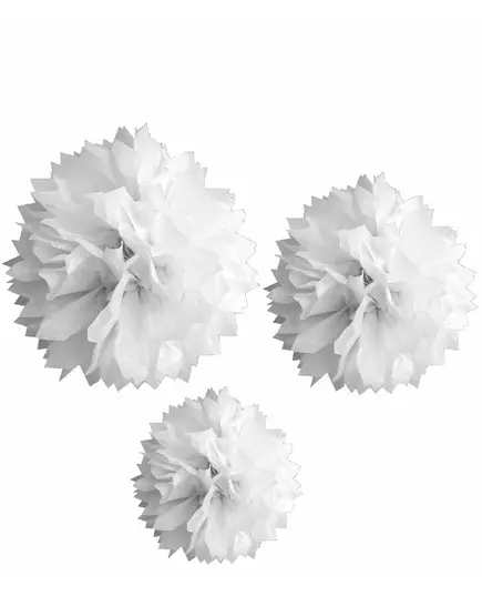 3 Pompons en papier blanc 20, 30 et 40 cm