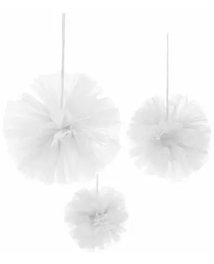3 Pompons om op te hangen in witte tule 15, 20 en 30 cm